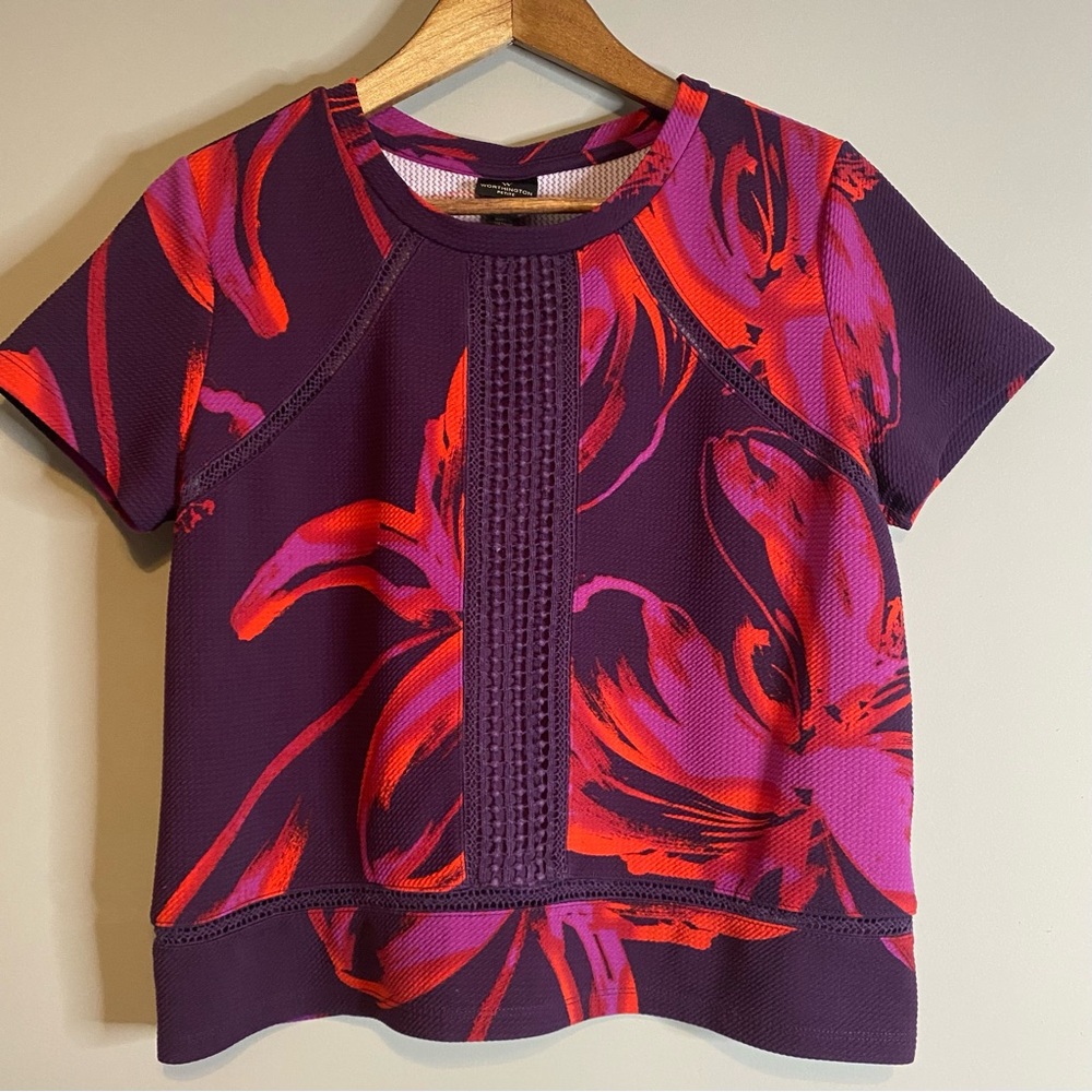 Worthington Petite Short Sleeve Blouse in Hot Pink and Purple Floral